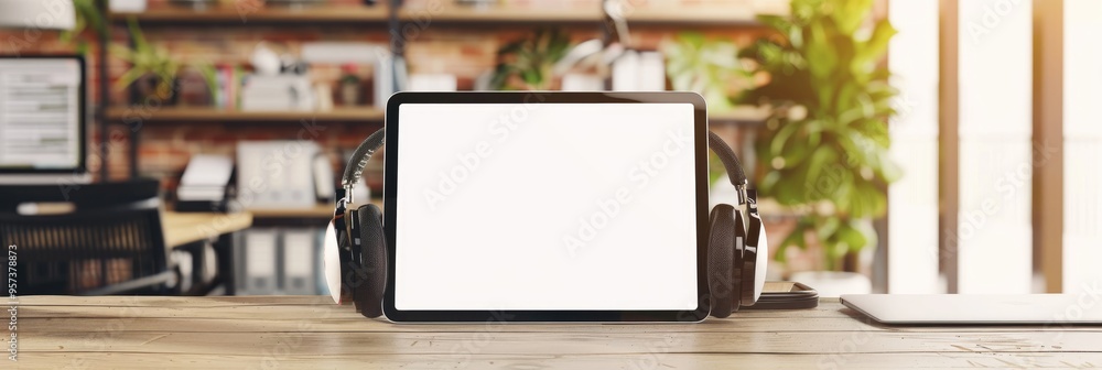 Tablet with empty display and headphones on a desk in a professional workspace filled with natural light, offering plenty of room for text. Tablet with empty display and headphones on a desk in a professional workspace filled with natural light, offering plenty of room for text.
