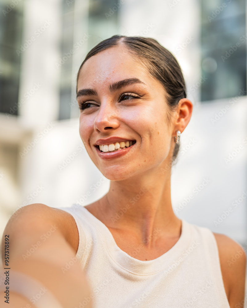 Self portrait of beautiful smile young woman stand in front building Self portrait of beautiful smile young woman stand in front building
