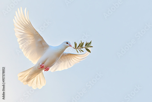 A white dove soars through the air, carrying an olive branch in its beak