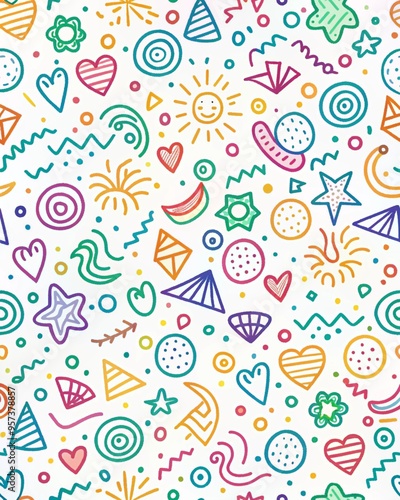 seamless pattern with cream. Fun colorful line doodle seamless pattern. Creative minimalist style art background for children or trendy design with basic shapes. Simple childish scribble backdrop.