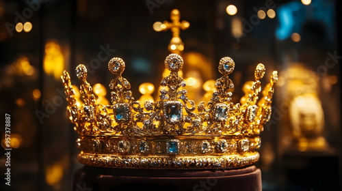 Exquisite Royal Golden Crown Adorned with Precious Gems and Intricate Design