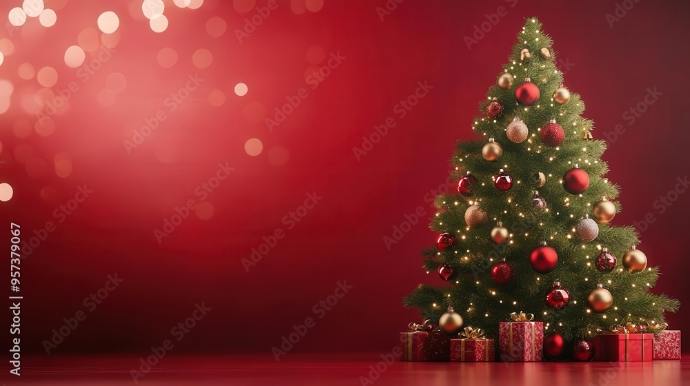 A beautifully decorated Christmas tree with ornaments, lights, and colorful presents against a festive red backdrop. A beautifully decorated Christmas tree with ornaments, lights, and colorful presents against a festive red backdrop.