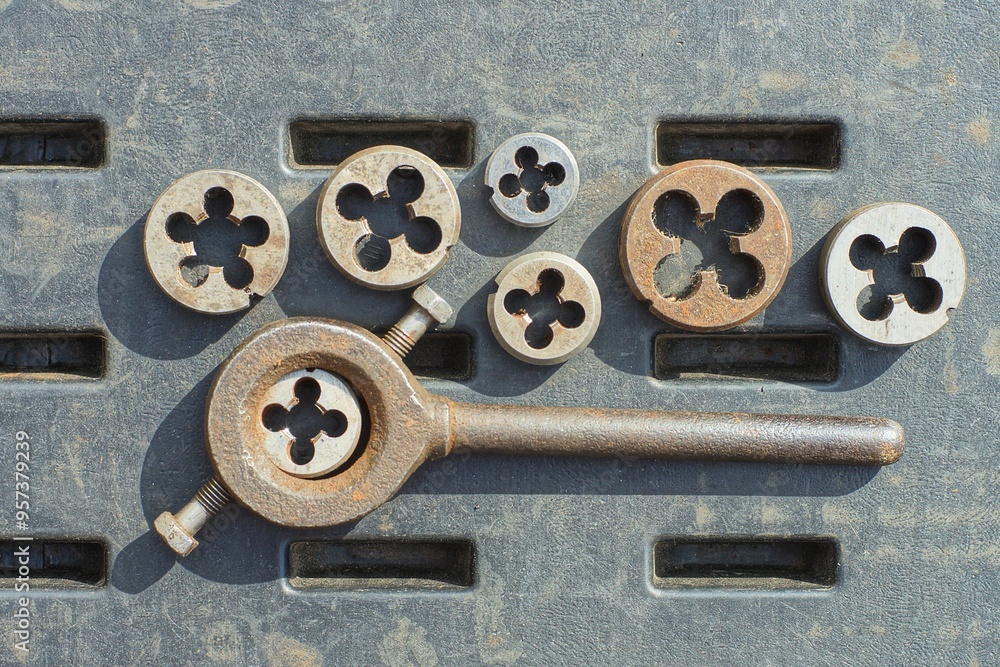 Fototapeta premium set of rusty iron industrial mechanical hand old round different dies for cutting threads for bolts with key lie on dirty black plastic box on the street