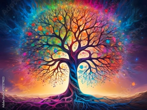 A majestic tree with neural network shaped branches. Colorful foliage representing various regions of the brain. 