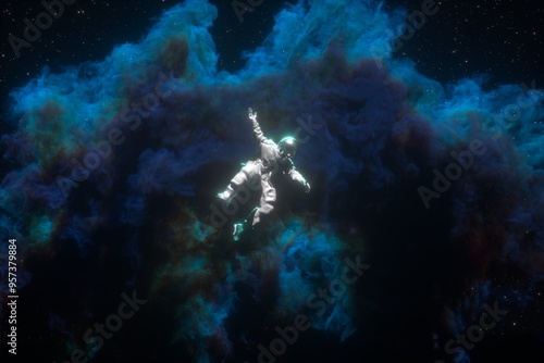 3D Render of an astronaut lost in space falling and floating adrift. photo