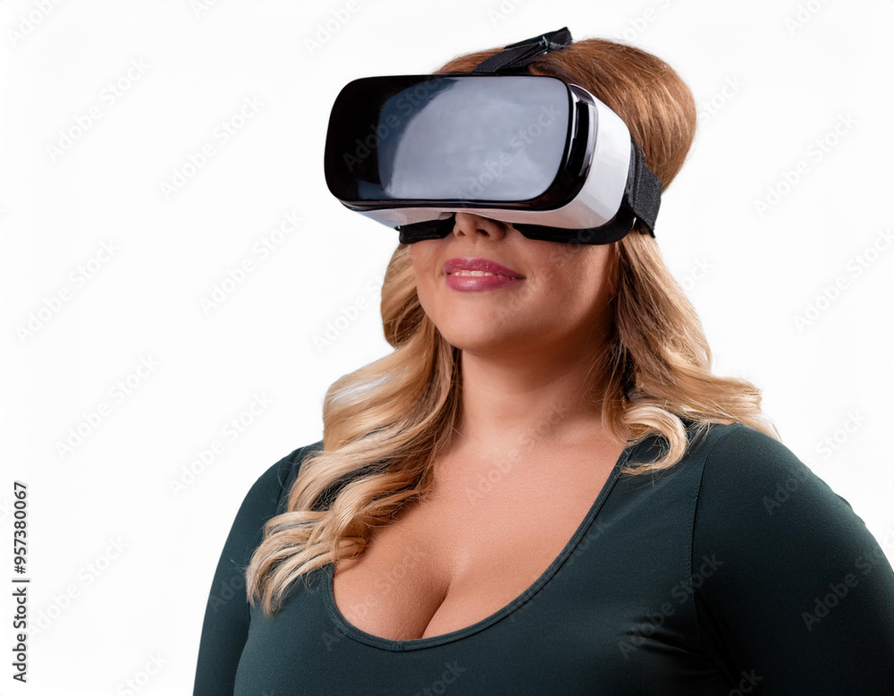 Portrait of a Woman Using VR Glasses Headshot Isolated on White Background with Copy Space Portrait of a Woman Using VR Glasses Headshot Isolated on White Background with Copy Space