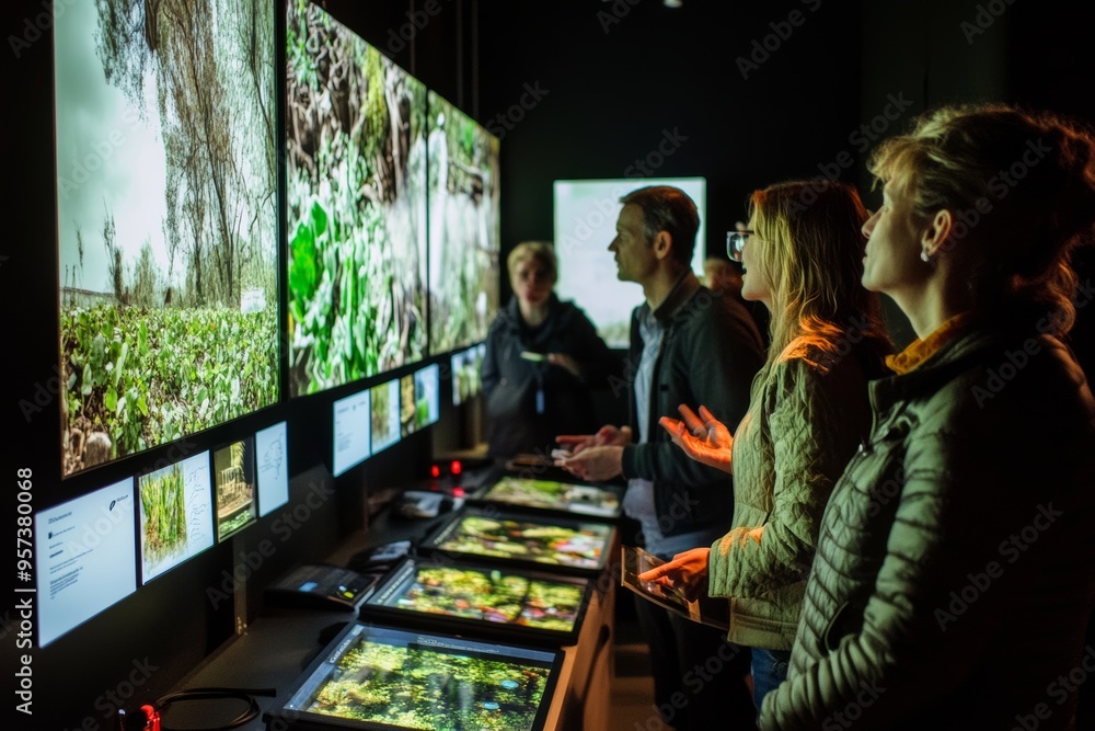 Naklejka premium educational workshop event, where experts are teaching attendees about environmental issues, renewable energy, or sustainability practices, featuring interactive displays and engaged participants