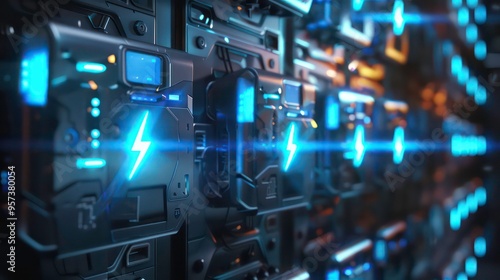 Wallpaper Mural Close-up of a futuristic charging station with glowing lightning bolt icons. Torontodigital.ca