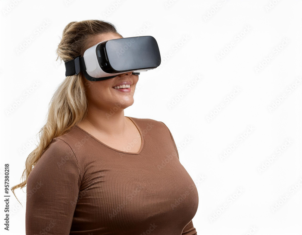 Portrait of a Woman Using VR Glasses Headshot Isolated on White Background with Copy Space Portrait of a Woman Using VR Glasses Headshot Isolated on White Background with Copy Space