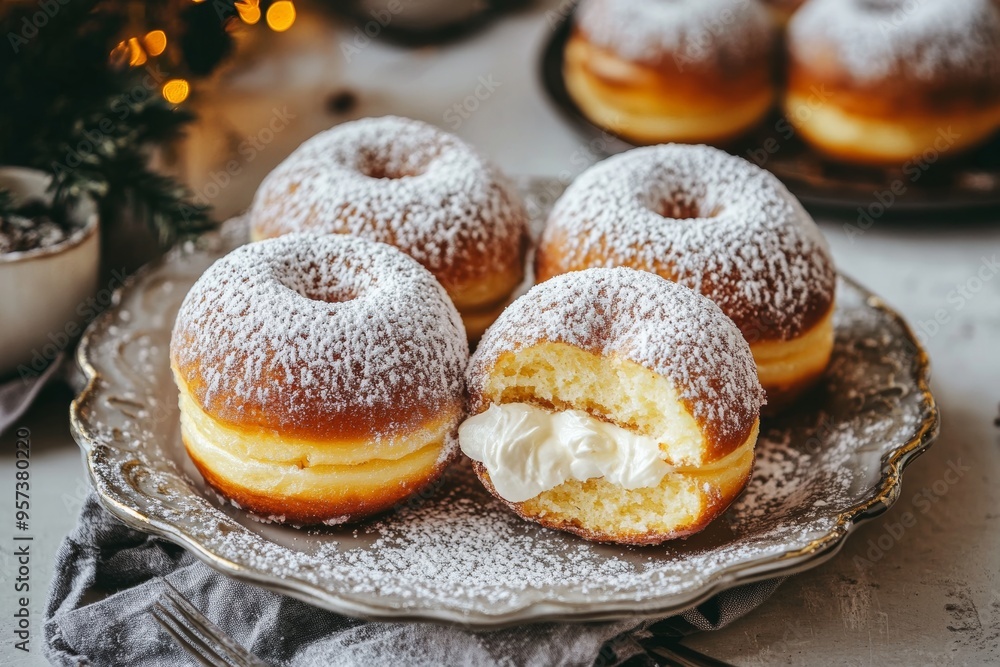 plate of cream filled doughnuts donuts dusted with powdered sugar, with one donut cut in half to show the creamy filling inside, set on a stylish dessert table with a minimal background plate of cream filled doughnuts donuts dusted with powdered sugar, with one donut cut in half to show the creamy filling inside, set on a stylish dessert table with a minimal background