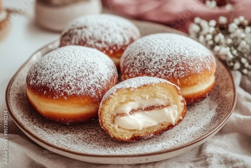 Wallpaper Mural plate of cream filled doughnuts donuts dusted with powdered sugar, with one donut cut in half to show the creamy filling inside, set on a stylish dessert table with a minimal background Torontodigital.ca