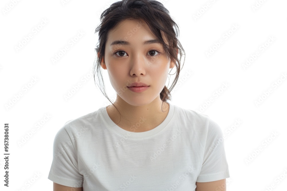 Portrait of Asian woman in white t shirt on white background Portrait of Asian woman in white t shirt on white background