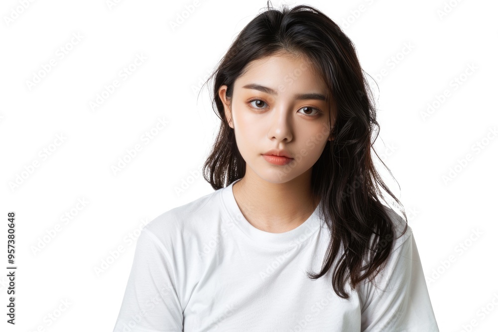 Portrait of Asian woman in white t shirt on white background Portrait of Asian woman in white t shirt on white background