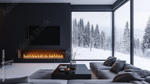 Wallpaper Mural Stylish living room interior with a long fireplace and floor-to-ceiling windows offering a view of snow-covered trees. Torontodigital.ca