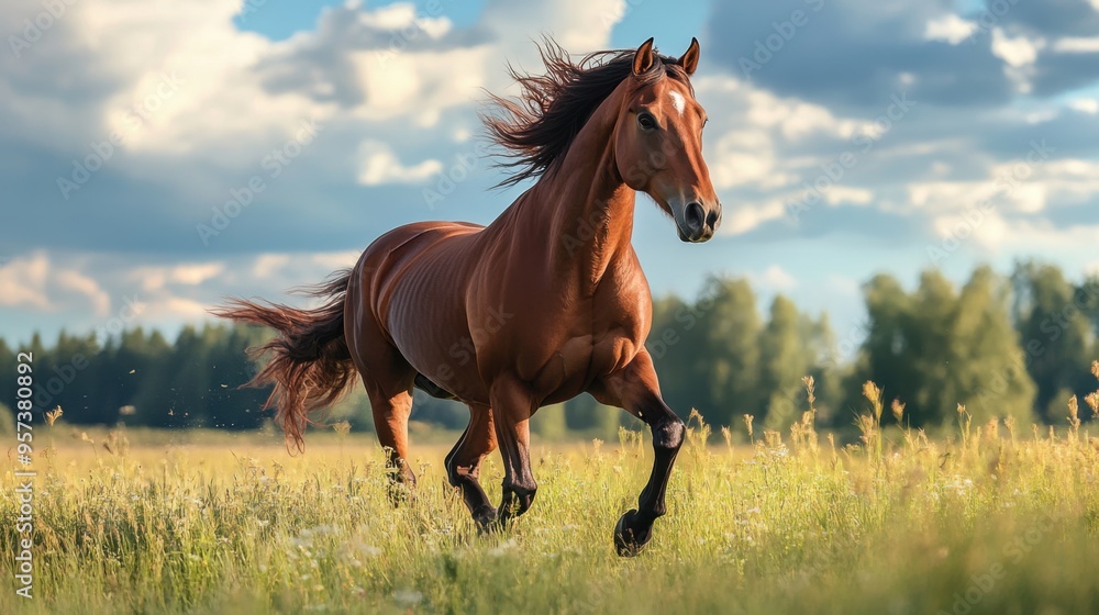 A horse galloping through an open pasture with the wind in its mane A horse galloping through an open pasture with the wind in its mane