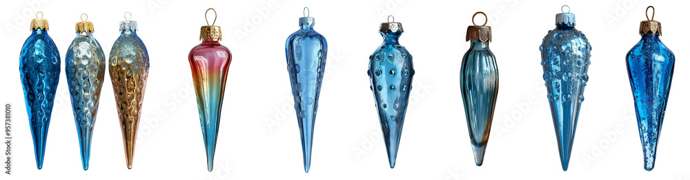 Set of glass icicle Christmas ornaments in various colors and textures. Clipart isolated on transparent background. Holiday and New Year decoration concept. Set of glass icicle Christmas ornaments in various colors and textures. Clipart isolated on transparent background. Holiday and New Year decoration concept.