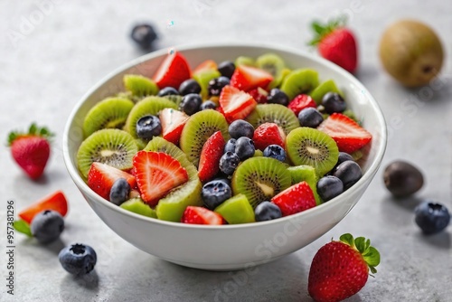 Kiwi Fruit Salad: Overhead view of a kiwi fruit salad in a small white bowl, featuring neatly arranged kiwi slices with a few mixed fruits like strawberries and blueberries