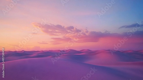  A serene desert scenery bathed in a dual hue of pink and blue, framed by the fading sun's sky above and the rising one below