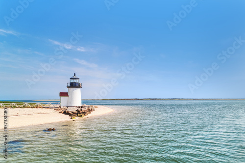 Aerial view of Brant Point lighthouse on Nantucket Island and the surrounding water