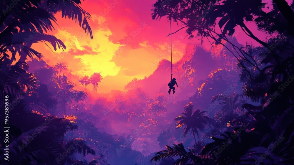 A monkey swinging between trees in a vibrant jungle A monkey swinging between trees in a vibrant jungle