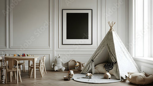 Modern minimalist kids playroom with a teepee tent, toys and a blank canvas frame for artwork.