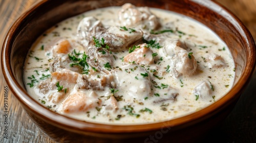 Hungarian national cuisine: Rabbit stewed in sour cream with herbs.