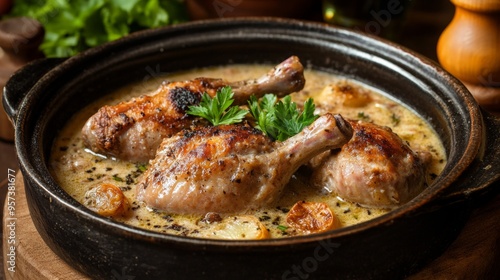 Hungarian national cuisine: Rabbit stewed in sour cream with herbs.