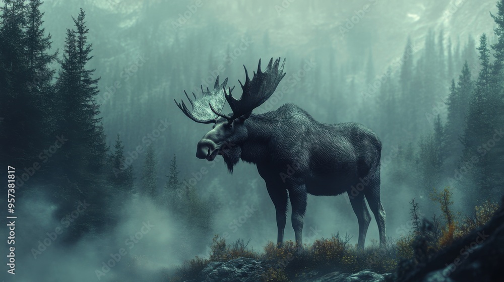 A moose standing tall in a foggy, dense forest A moose standing tall in a foggy, dense forest