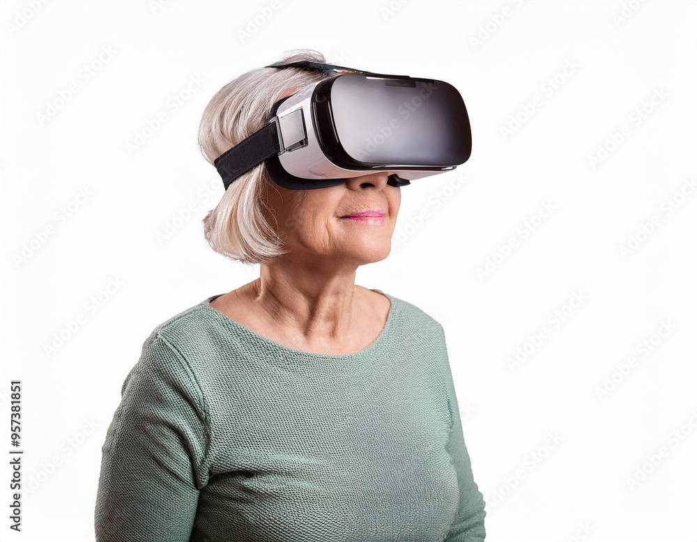 Portrait of a Woman Using VR Glasses Headshot Isolated on White Background with Copy Space Portrait of a Woman Using VR Glasses Headshot Isolated on White Background with Copy Space