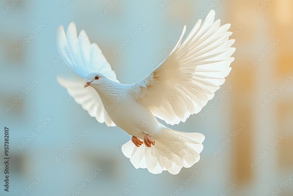 A white dove soars through the air, symbolizing peace and tranquility A white dove soars through the air, symbolizing peace and tranquility