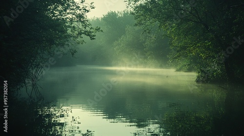  A pond in a dense forest shrouded in mist, with a vessel bobbing at its center