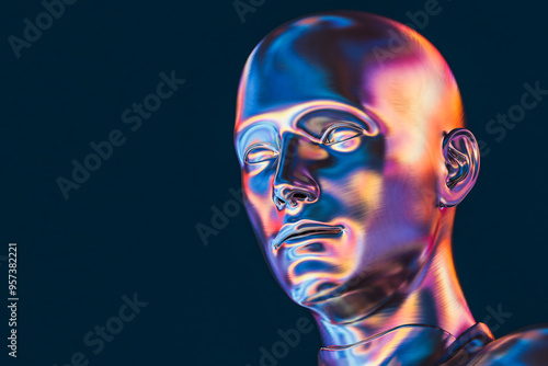 Iridescent metal head sculpture. Artificial intelligence concept
