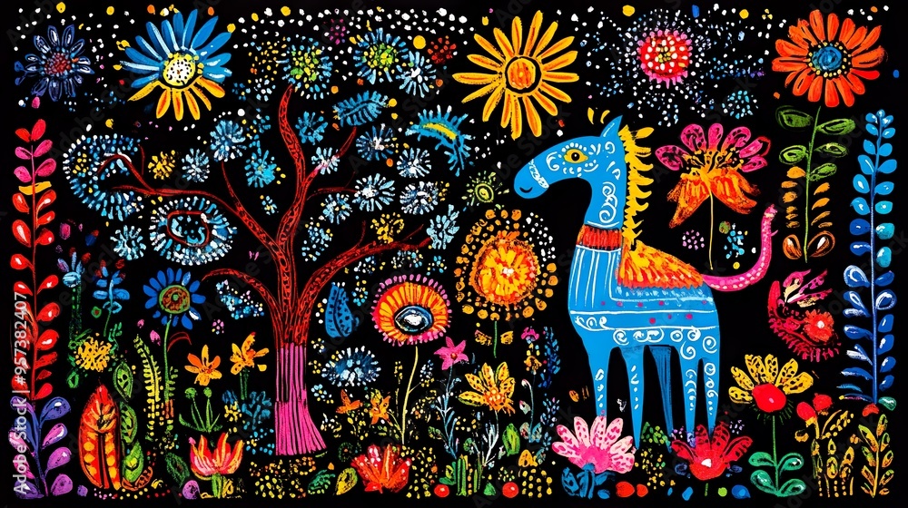 Fototapeta premium Handcrafted Madhubani art with mythical narratives and rich cultural symbols background