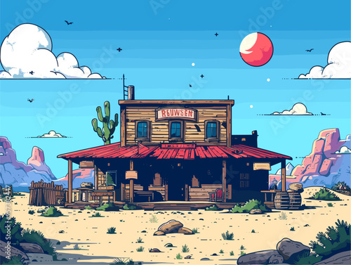 Cartoon Silhouette Showdown at High Noon in the Wild West Saloon: Illustration of a Classic Western Duel