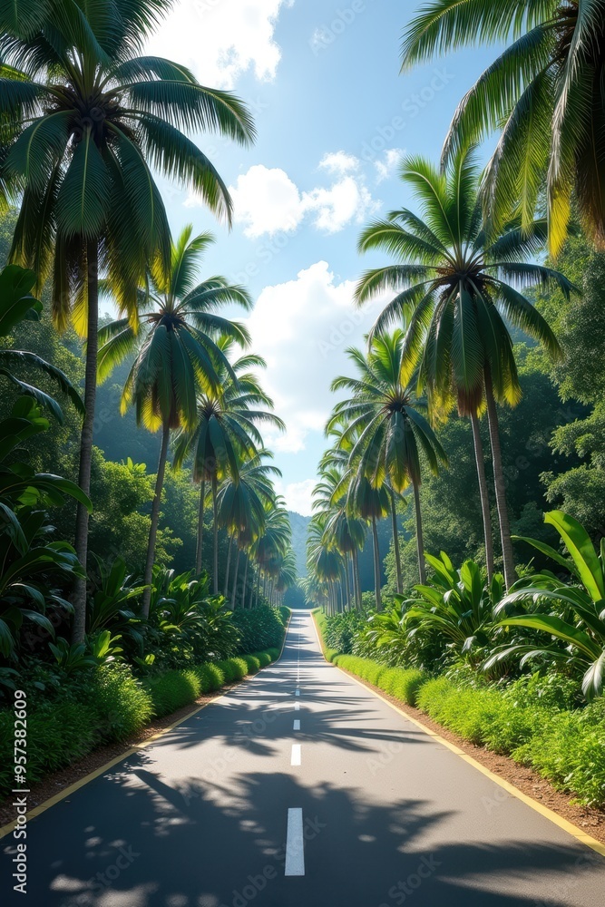 Sunny Tropical Road with Dense Greenery and Majestic Palm Trees Sunny Tropical Road with Dense Greenery and Majestic Palm Trees