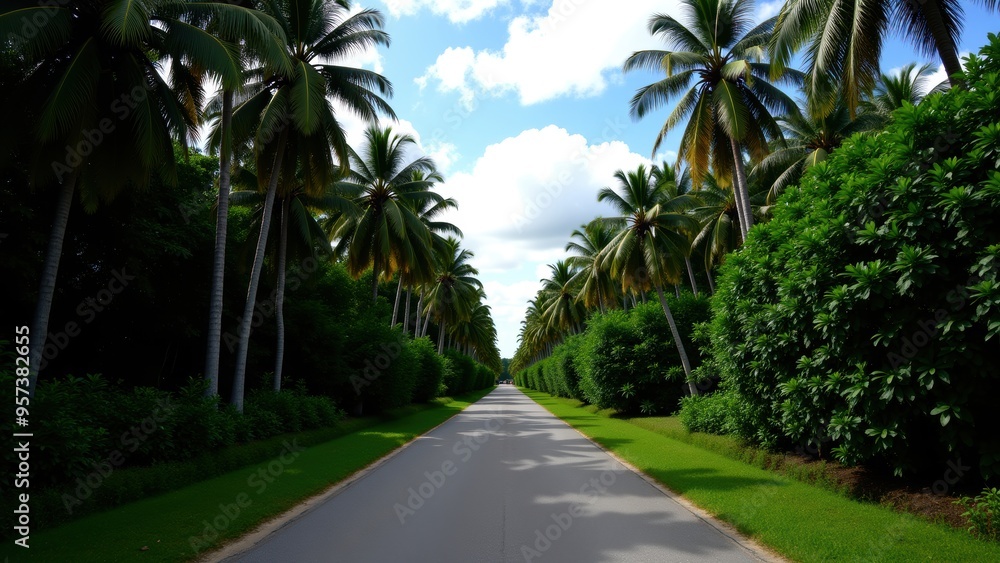 Well-Maintained Road in a Tropical Environment with Palm Trees and Dense Greenery Well-Maintained Road in a Tropical Environment with Palm Trees and Dense Greenery
