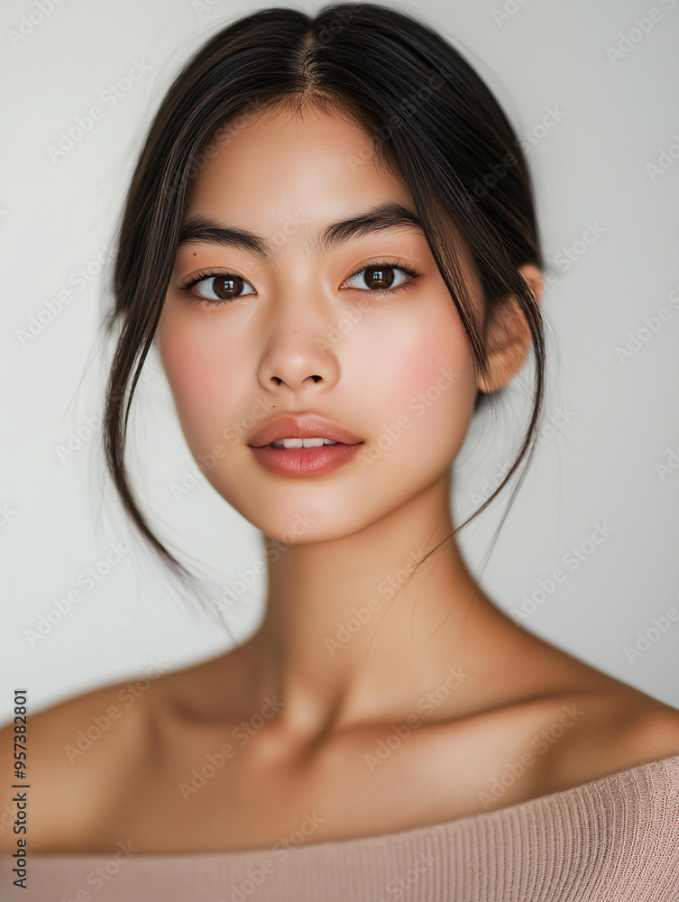 Elegant Portrait of a Young Asian Woman with Natural Beauty on Minimalist Background Elegant Portrait of a Young Asian Woman with Natural Beauty on Minimalist Background