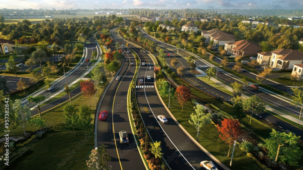 Fototapeta premium An aerial view of a winding road through a residential neighborhood with lush green trees and houses in the background, under a blue sky with clouds.