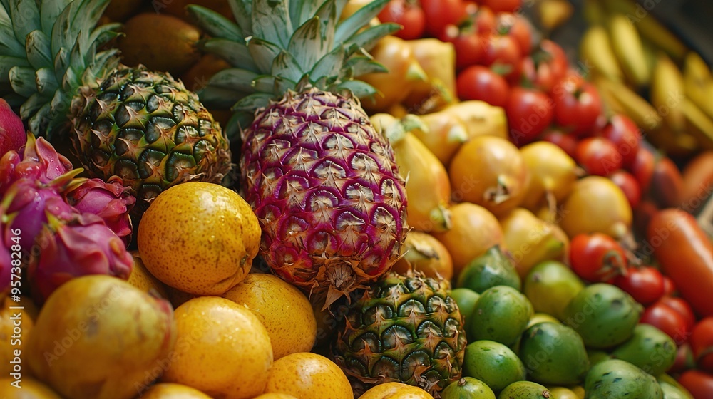 A vibrant array of fruits, including pineapples, oranges, bananas, and tomatoes, arranged enticingly in a store A vibrant array of fruits, including pineapples, oranges, bananas, and tomatoes, arranged enticingly in a store