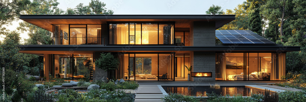 A modern home with large windows and a swimming pool. The home is set in a wooded area with a fire pit on the patio. A modern home with large windows and a swimming pool. The home is set in a wooded area with a fire pit on the patio.