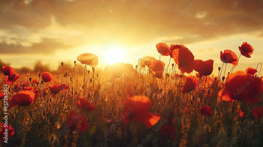 Obraz premium Red flowers fill the field, basking in the sunset at midday