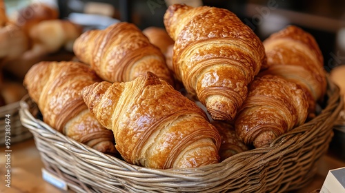 Golden-Brown Freshly Baked Croissants in a Basket with Flaky Texture, Perfect for Breakfast or Brunch