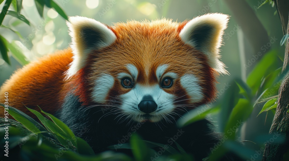 Fototapeta premium A red panda curiously exploring its surroundings