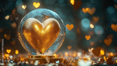 Elegant Golden Heart Encased in a Glass Dome with a Golden Base, Surrounded by Heart-Shaped Confetti, Capturing Romance and Luxury photo