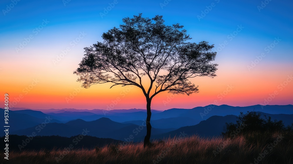 Silhouette of a Tree at Sunset Over Mountains, Capturing the Tranquil Beauty of Nature with a Stunning Backdrop of Vibrant Colors and Majestic Peaks Silhouette of a Tree at Sunset Over Mountains, Capturing the Tranquil Beauty of Nature with a Stunning Backdrop of Vibrant Colors and Majestic Peaks