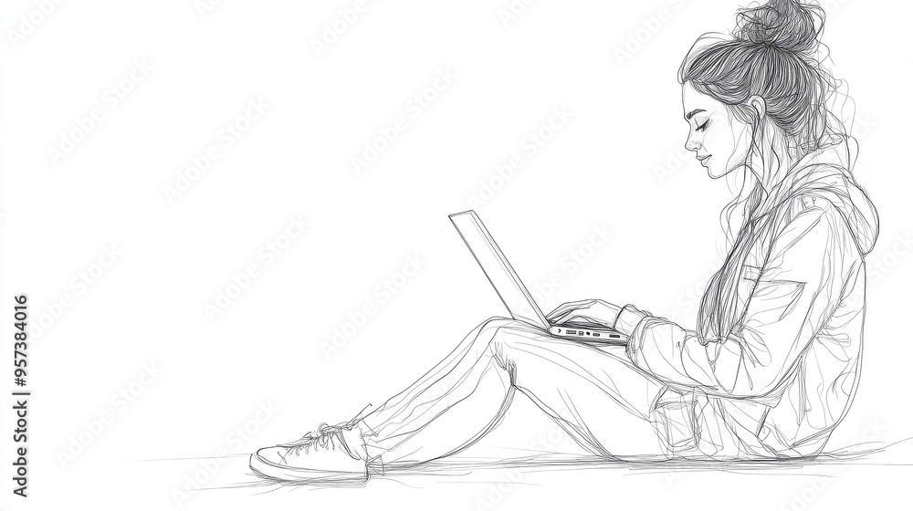 Modern Single Line Drawing of Female College Student Using Laptop on Lap, Capturing Contemporary Academic Life Modern Single Line Drawing of Female College Student Using Laptop on Lap, Capturing Contemporary Academic Life