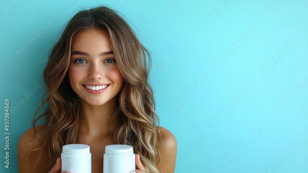 Smiling Young Girl Holding Blank Shampoo and Conditioner Bottles Against Blue Background, Emphasizing Bodycare and Moisturizing Spa Concept Smiling Young Girl Holding Blank Shampoo and Conditioner Bottles Against Blue Background, Emphasizing Bodycare and Moisturizing Spa Concept