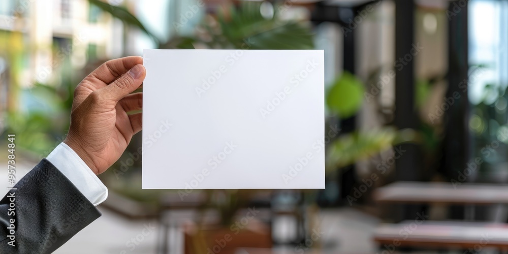 Close up of businessman s hand holding a blank paper sheet mockup with low cost business ideas Close up of businessman s hand holding a blank paper sheet mockup with low cost business ideas