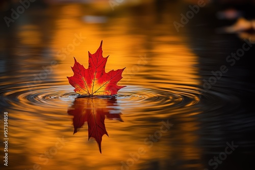 A close-up shot of a single maple leafvgently on the surface of a still pond with reflections of surrounding trees.