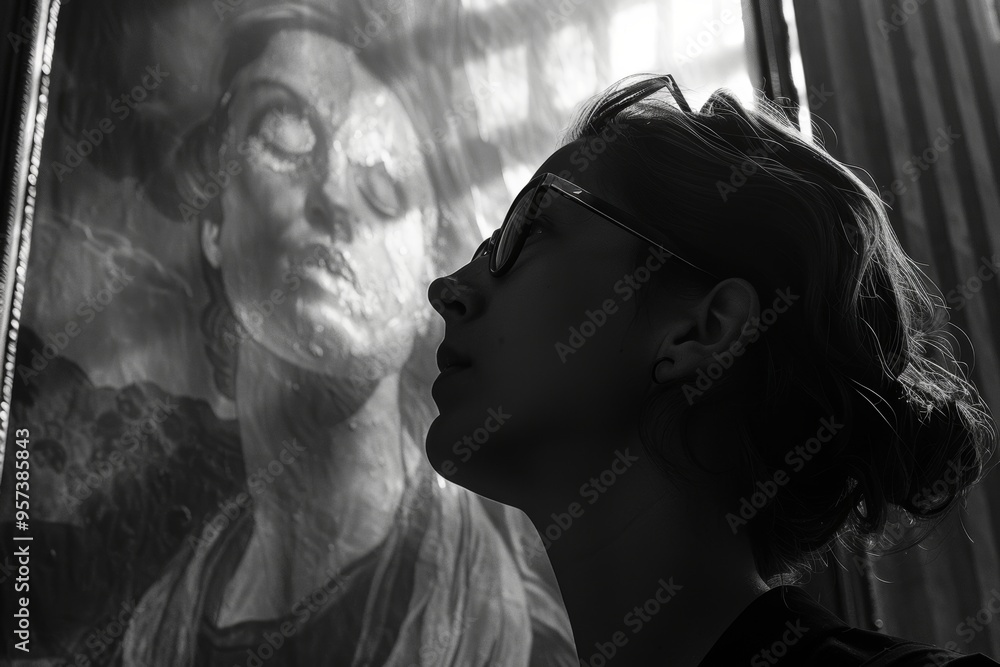 A silhouette of a woman is seen in front of a framed painting with a window in the background, creating a dramatic contrast in black and white. A silhouette of a woman is seen in front of a framed painting with a window in the background, creating a dramatic contrast in black and white.